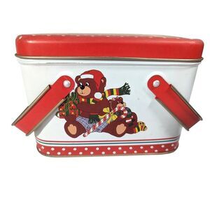 Vintage 1985 Holiday Bear and Toys Tin Gift Box Red Handles Cookie Candy Storage